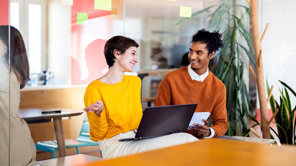 Woman and man working together